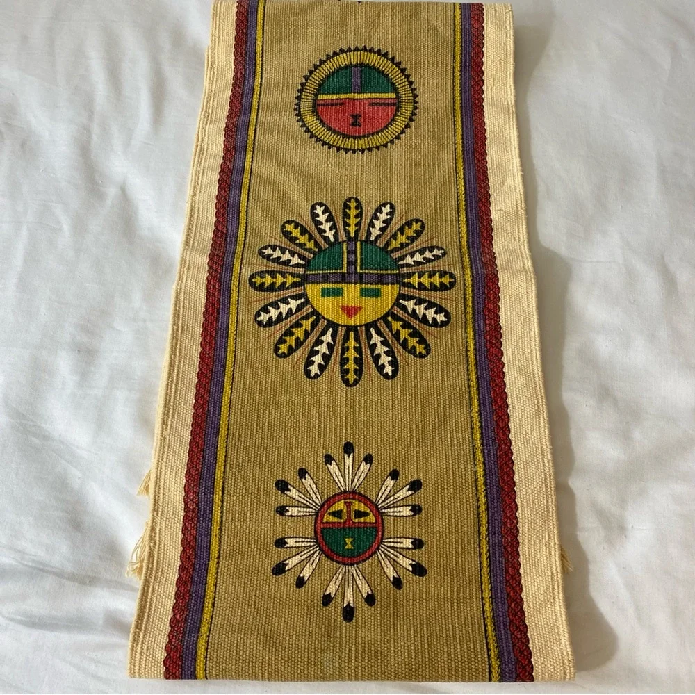 Vintage El Paso Saddle Blanket Co Table Runner Folk Art Southwestern Faces